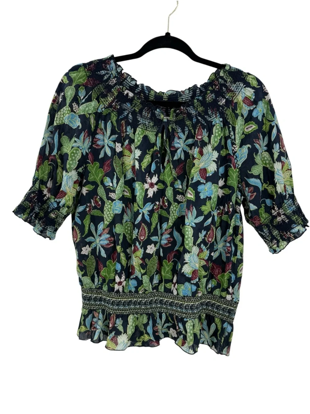 Tory Burch Floral Smocked Off Shoulder Cottage Blouse Cactus Print Navy Size 10